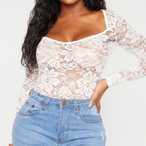 Shape White Lace V Neck Long Sleeve Bodysuit